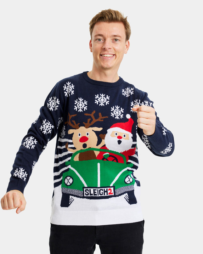 Reindeer and Santa Driving Christmas Sweater