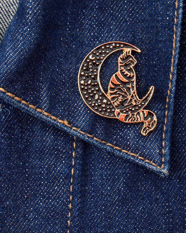 Cat on the Moon Pin - Whimsical Halloween Accessory