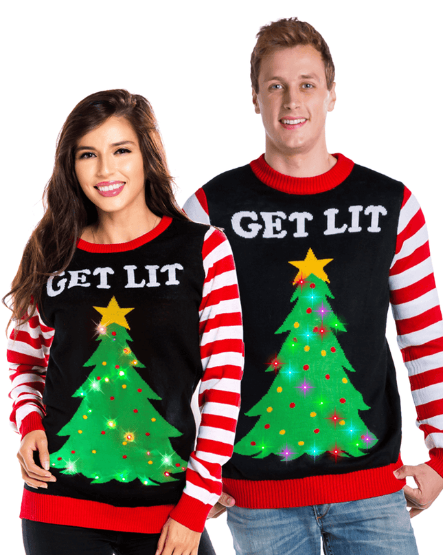 Matching Get Lit Light Up Couples Ugly Christmas Sweater