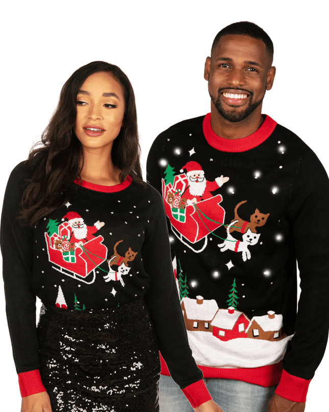 Matching Meowy Christmas Sleigh Light Up Couples Ugly Christmas Sweater