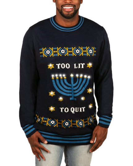 Men's Too Lit to Quit Light Up Ugly Hanukkah Sweater