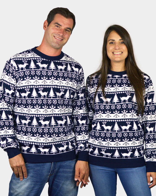 Striped Christmas Sweater for Family with Reindeer and Trees