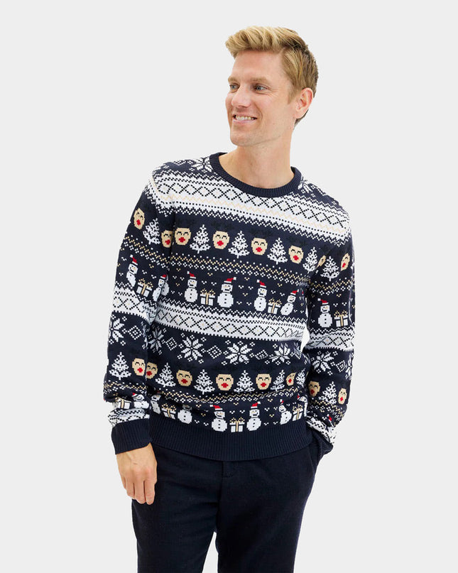 Men's Blue Sweater with Snowmen and Trees