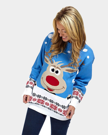 Women's Sky Blue Christmas Sweater with Reindeer