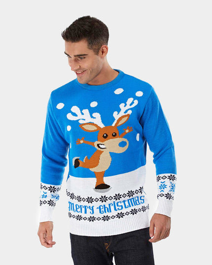 Sky Blue Christmas Sweater for Men with Skating Reindeer