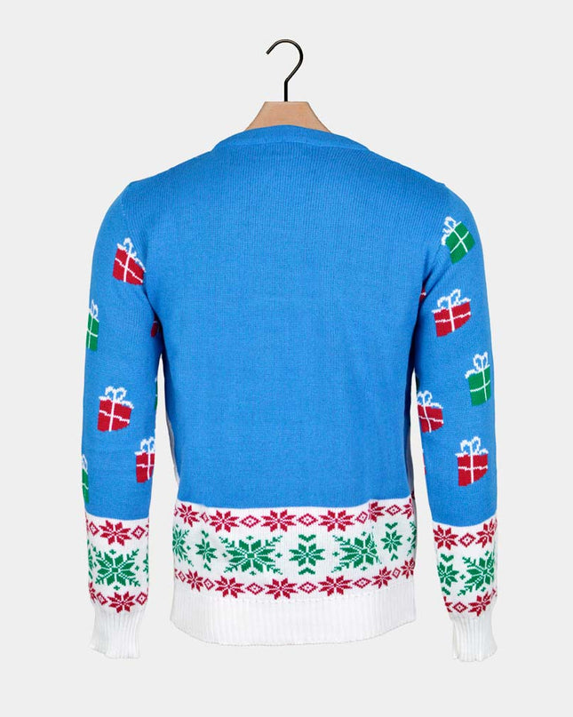 Women's Blue Sky Christmas Sweater with Rudolph and Santa Claus
