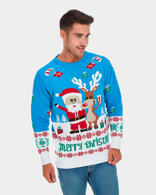 Women's Sky Blue Christmas Sweater with Rudolph and Santa