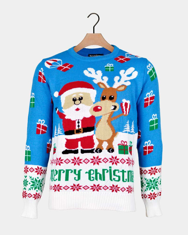 Sky Blue Christmas Sweater for Men with Rudolph and Santa