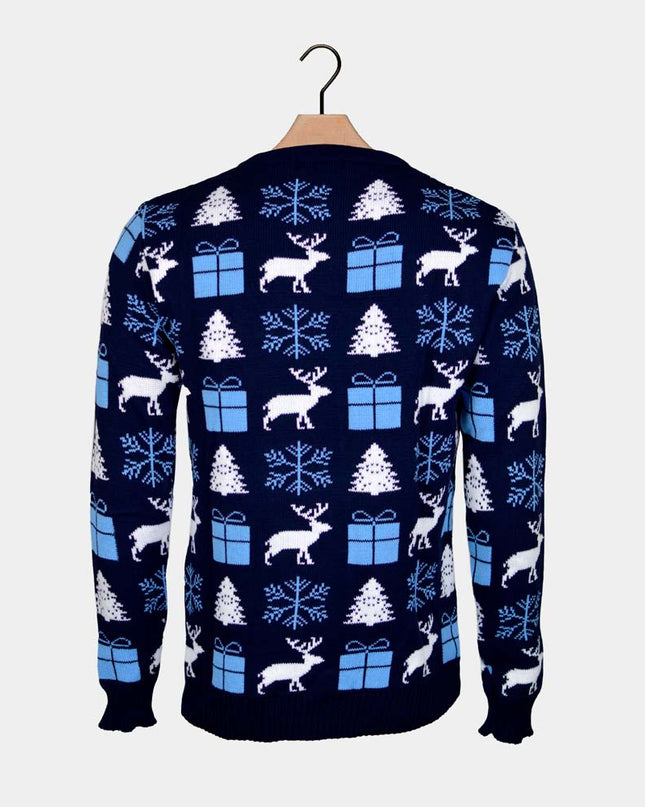 Blue Christmas Sweater for Couples with Reindeer and Gifts