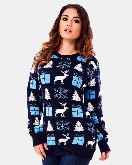 Women's Blue Christmas Sweater with Reindeer and Gifts