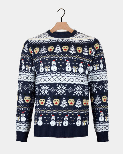 Men's Blue Sweater with Snowmen and Trees