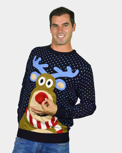 3D Blue Christmas Sweater for Men with Reindeer