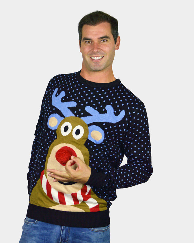 Blue 3D Christmas Sweater for Men with Red-Nosed Reindeer