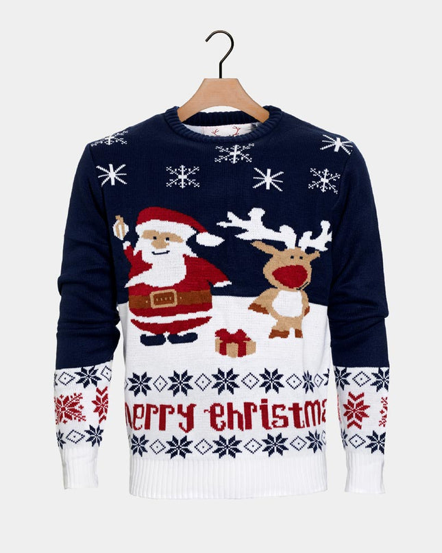 Blue Santa and Rudolph Christmas Sweater for Women