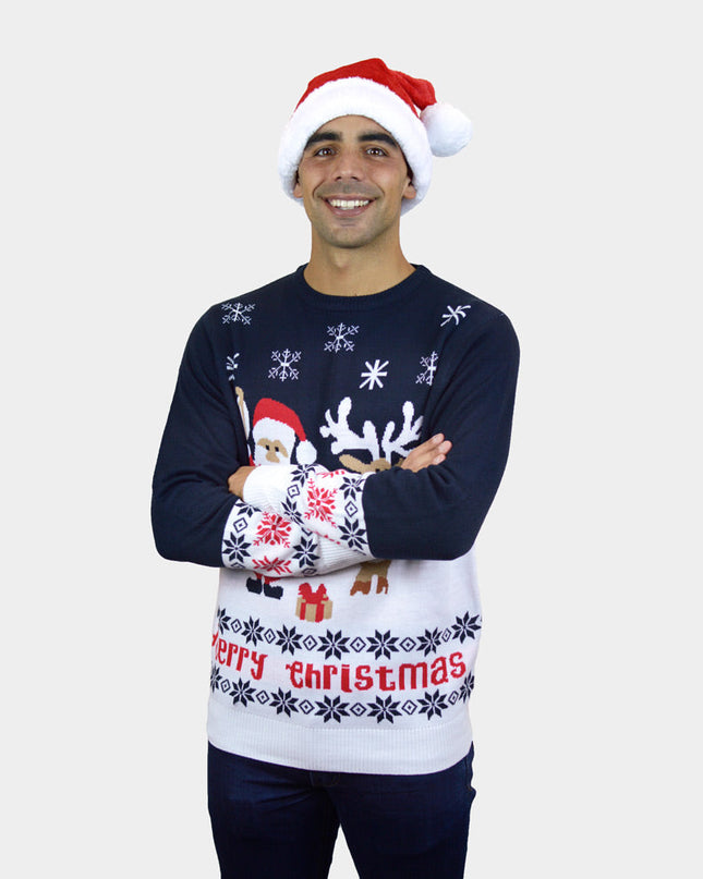 Men's Organic Cotton Blue Sweater with Santa and Rudolph
