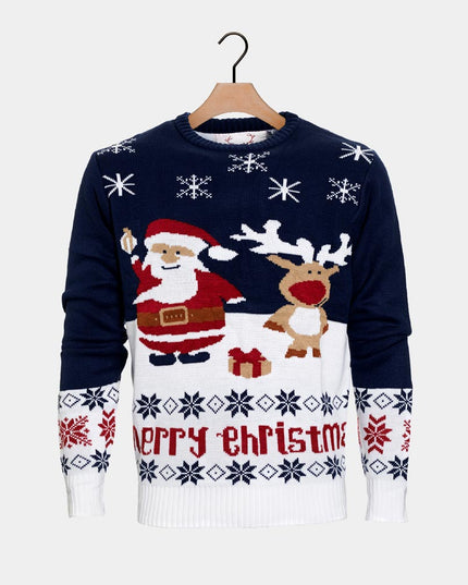 Blue Christmas Sweater for Women with Santa and Rudolph in Organic Cotton