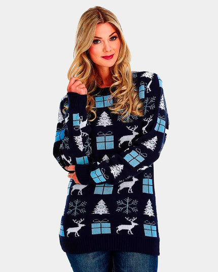 Women's Blue Christmas Sweater with Reindeer and Gifts