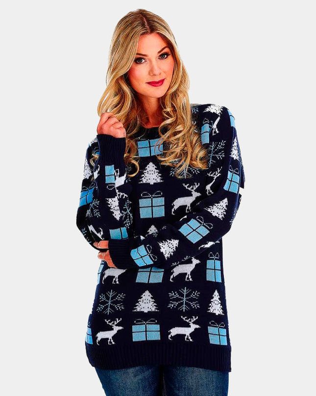 Women's Blue Christmas Sweater with Reindeer and Gifts
