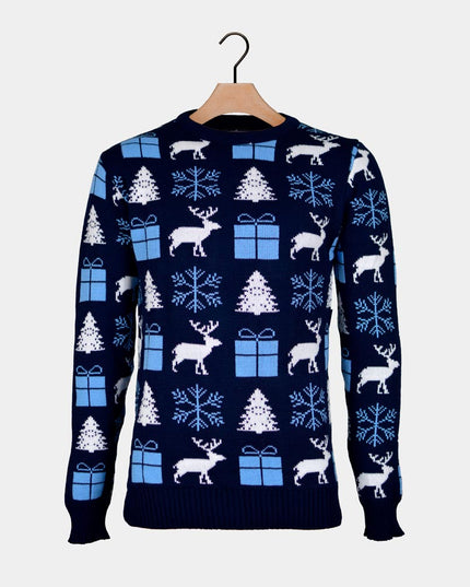 Blue Couple Christmas Sweater with Reindeer and Gifts