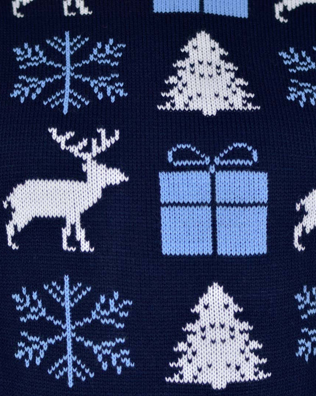 Women's Blue Christmas Sweater with Reindeer and Gifts