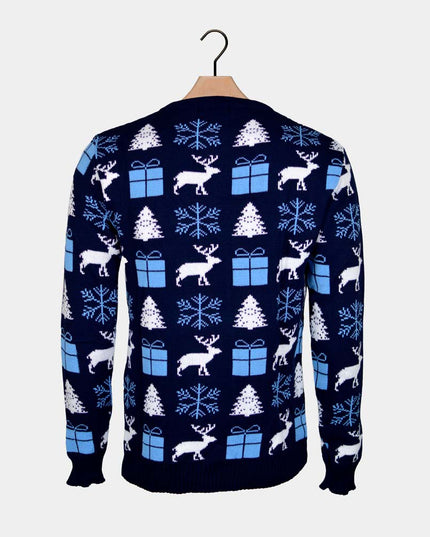 Women's Blue Christmas Sweater with Reindeer and Gifts