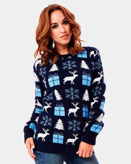 Women's Blue Christmas Sweater with Reindeer and Gifts