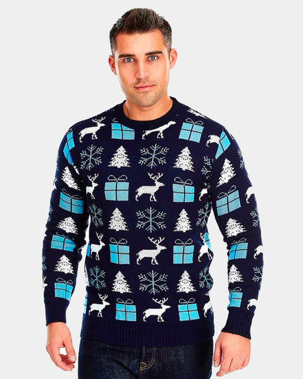 Christmas Sweater for Men Blue with Reindeer, Gifts, and Christmas Trees
