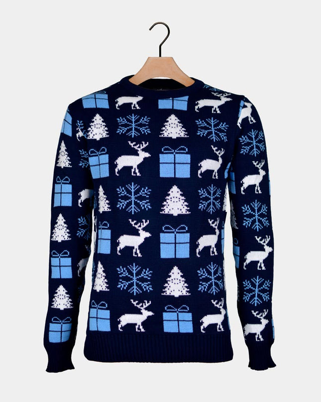 Women's Blue Christmas Sweater with Reindeer, Gifts, and Trees