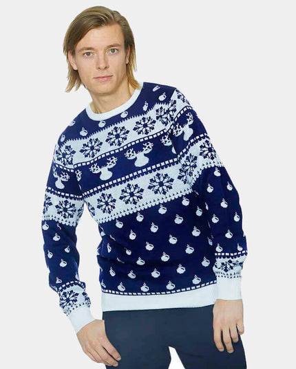 Blue Christmas Sweater with Reindeer and Snow 2023