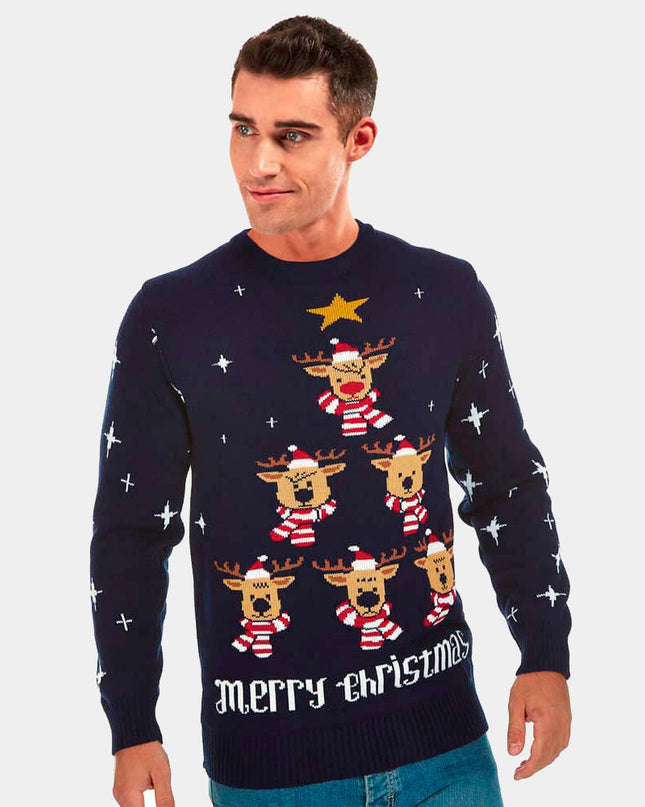 Blue Christmas Sweater for Men with Reindeer and Tree