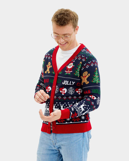 Men's Blue and Red Christmas Cardigan