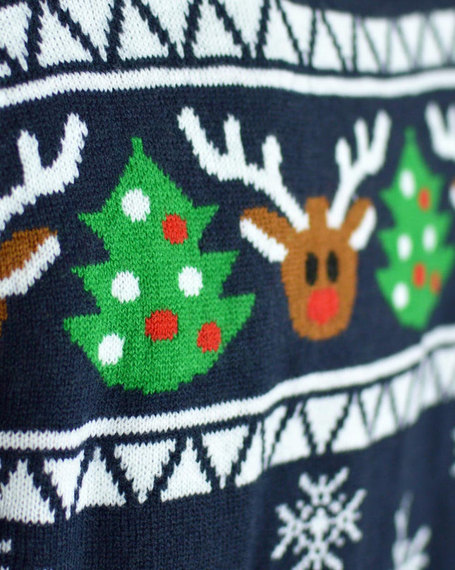 Blue Cardigan Christmas Sweater with Reindeer and Trees