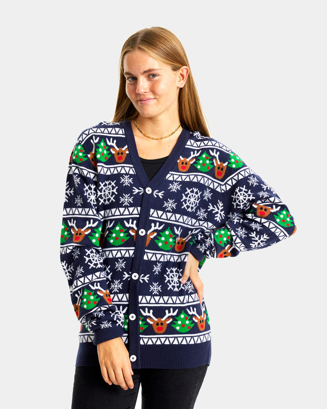 Blue Cardigan Christmas Sweater with Reindeer and Trees