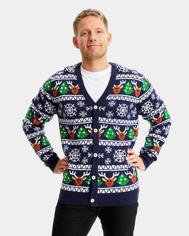 Blue Cardigan Christmas Sweater with Reindeer and Trees
