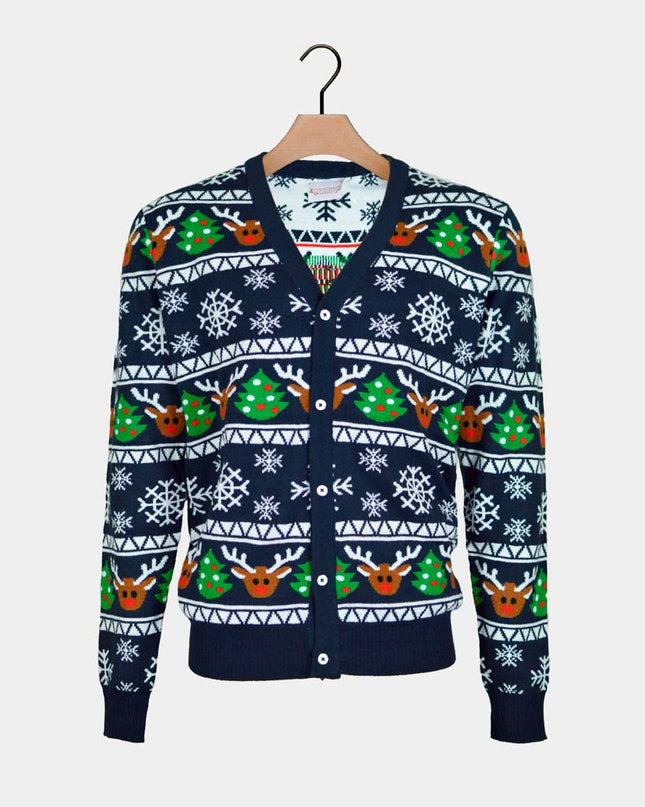 Blue Cardigan Christmas Sweater with Reindeer and Trees
