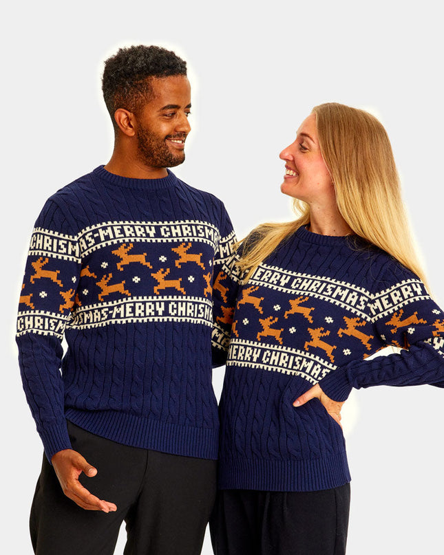 Chic Couple's Christmas Sweater Blue with Reindeer