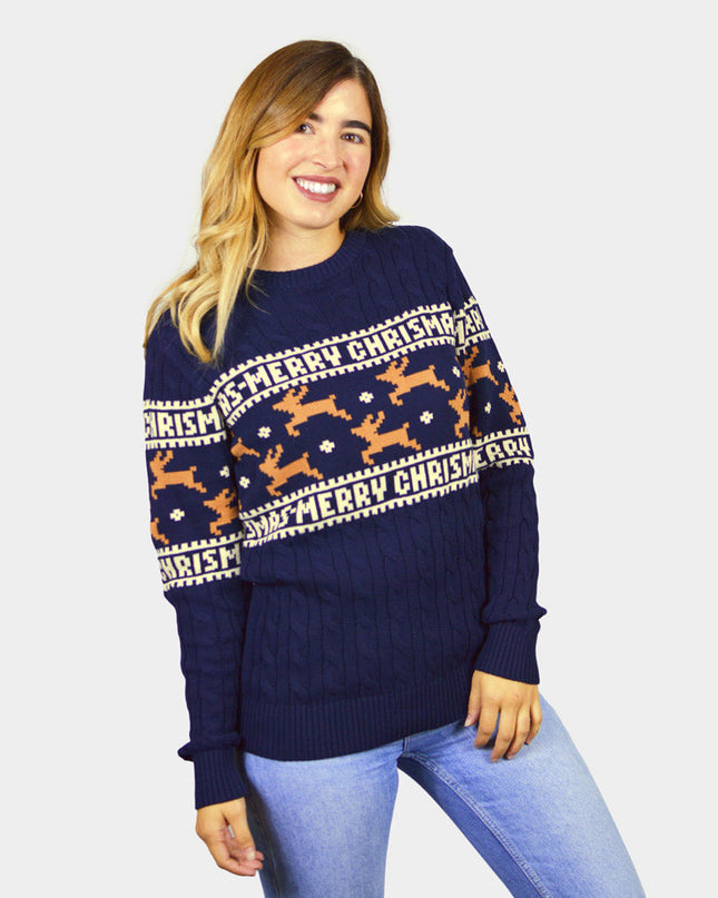 Chic Organic Cotton Blue Christmas Sweater for Couples with Reindeer