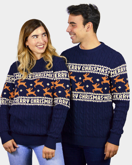 Chic Couple's Christmas Sweater Blue with Reindeer