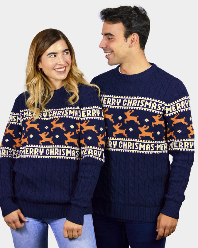 Chic Couple's Christmas Sweater Blue with Reindeer