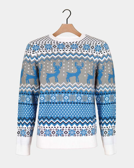 Chic White, Grey, and Blue Reindeer Sweater for Men