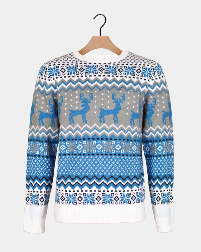 Chic White, Gray, and Blue Christmas Sweater with Reindeer
