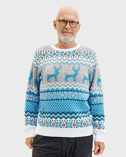 Chic White, Grey, and Blue Reindeer Sweater for Men