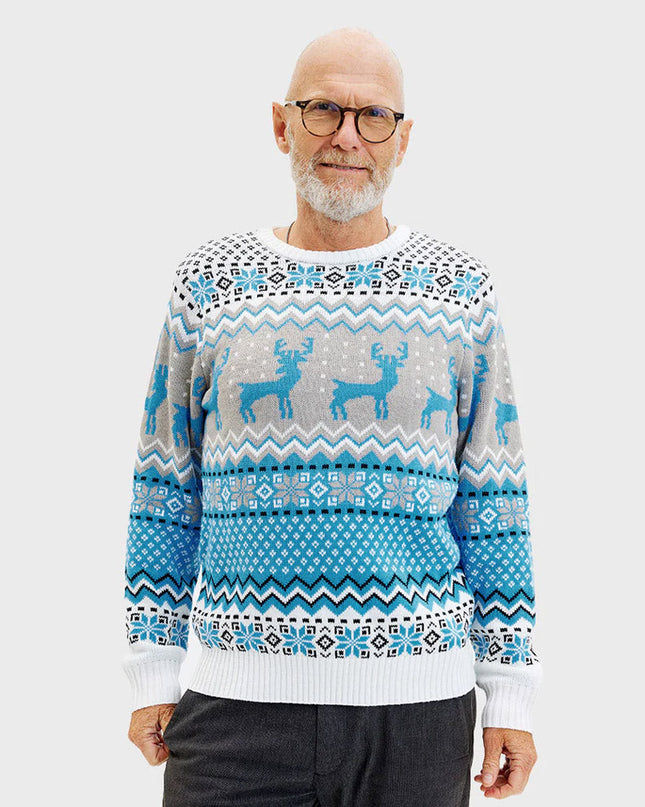 Chic White, Grey, and Blue Reindeer Sweater for Men