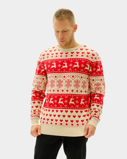 Men's Organic Cotton Christmas Sweater with Red Hearts on Beige