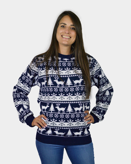 Striped Couples Christmas Sweater with Reindeer and Trees