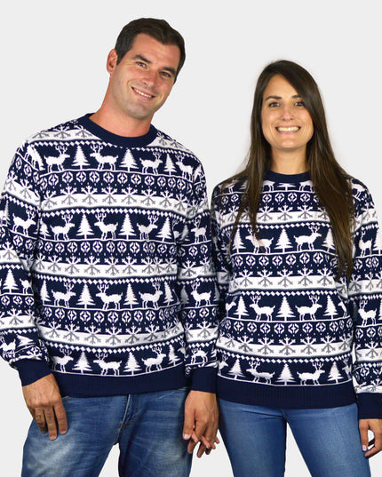 Striped Couples Christmas Sweater with Reindeer and Trees
