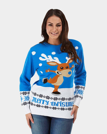 Sky Blue Christmas Sweater for Men with Skating Reindeer