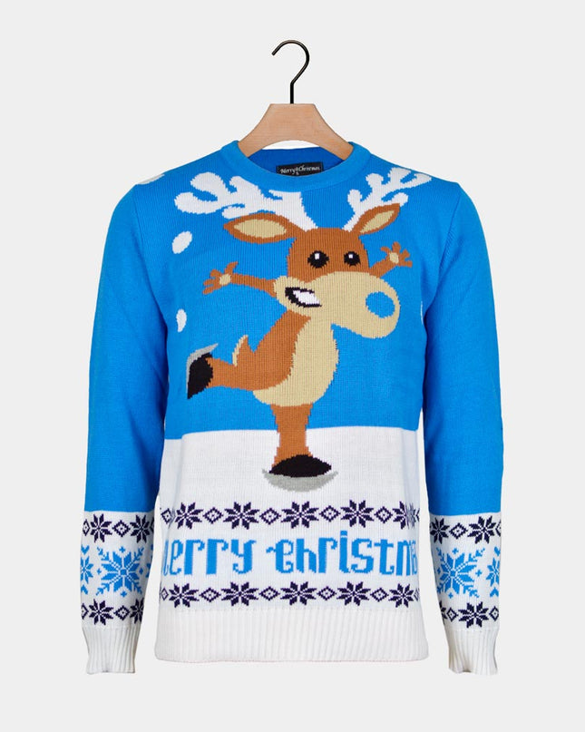 Sky Blue Christmas Sweater for Couples with Skating Reindeer