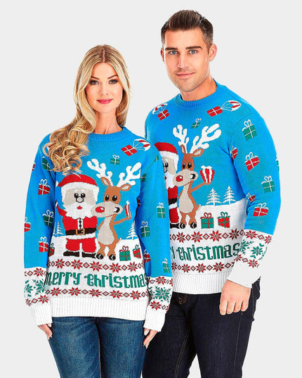 Sky Blue Couple Sweater with Rudolph and Santa