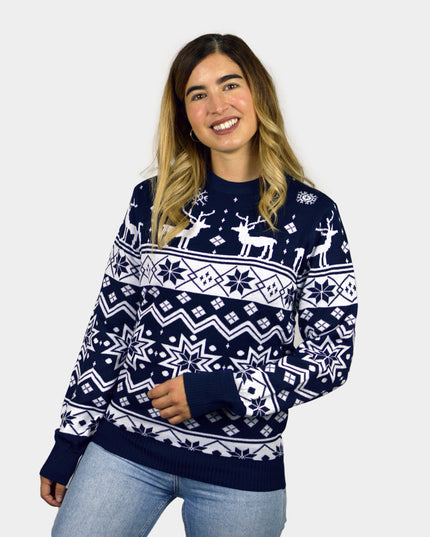 Blue Couple Christmas Sweater with Reindeer and Nordic Star